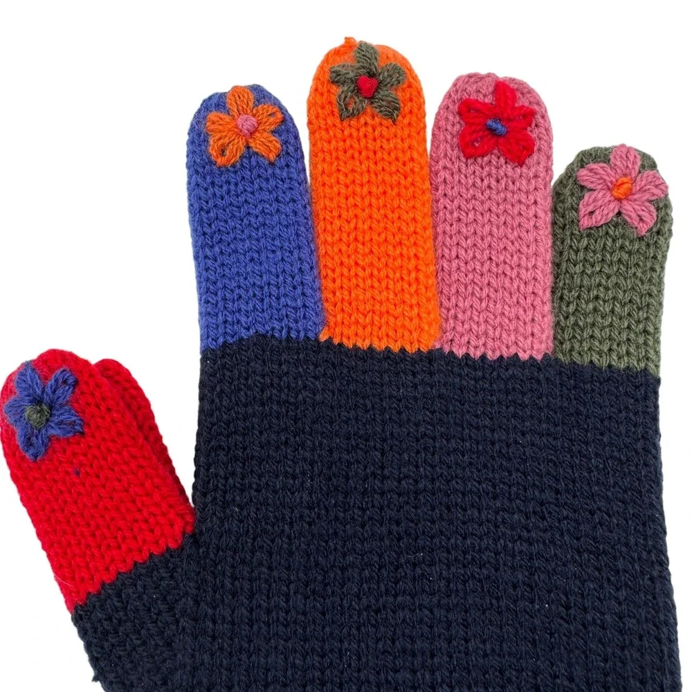 Capelli Navy Knit Womens Gloves Multi Color Floral Embroidered Stretch Cozy NWT